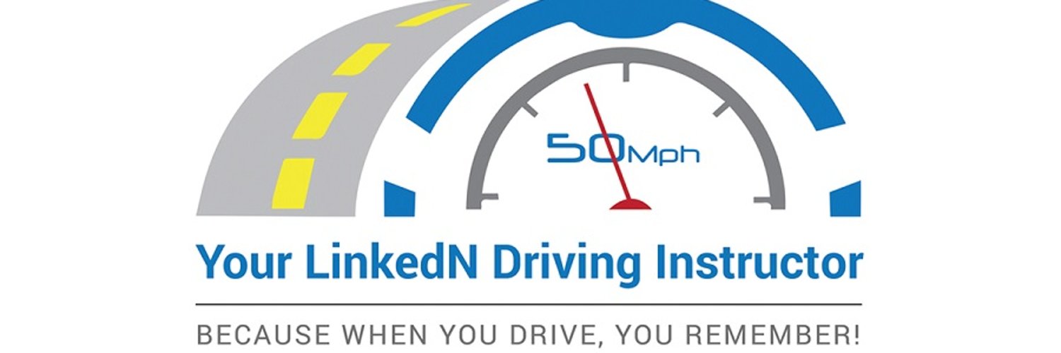 Illustrated speedometer and road with words LinkedN Driving Instructor